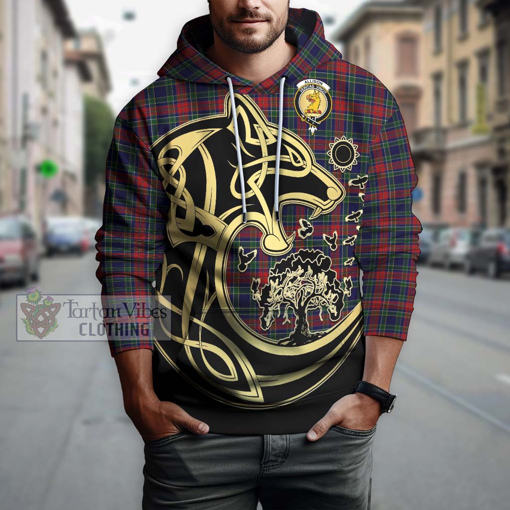 Tartan Vibes Clothing Allison Red Tartan Hoodie with Family Crest Celtic Wolf Style