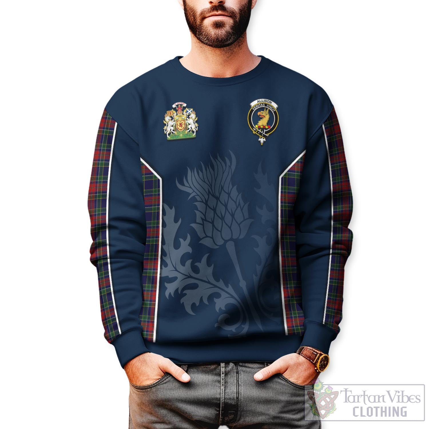 Tartan Vibes Clothing Allison Red Tartan Sweatshirt with Family Crest and Scottish Thistle Vibes Sport Style