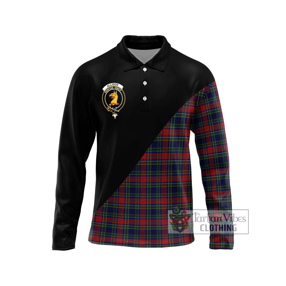 Allison Red Tartan Long Sleeve Polo Shirt with Family Crest and Military Logo Style Unisex - Tartanvibesclothing Shop