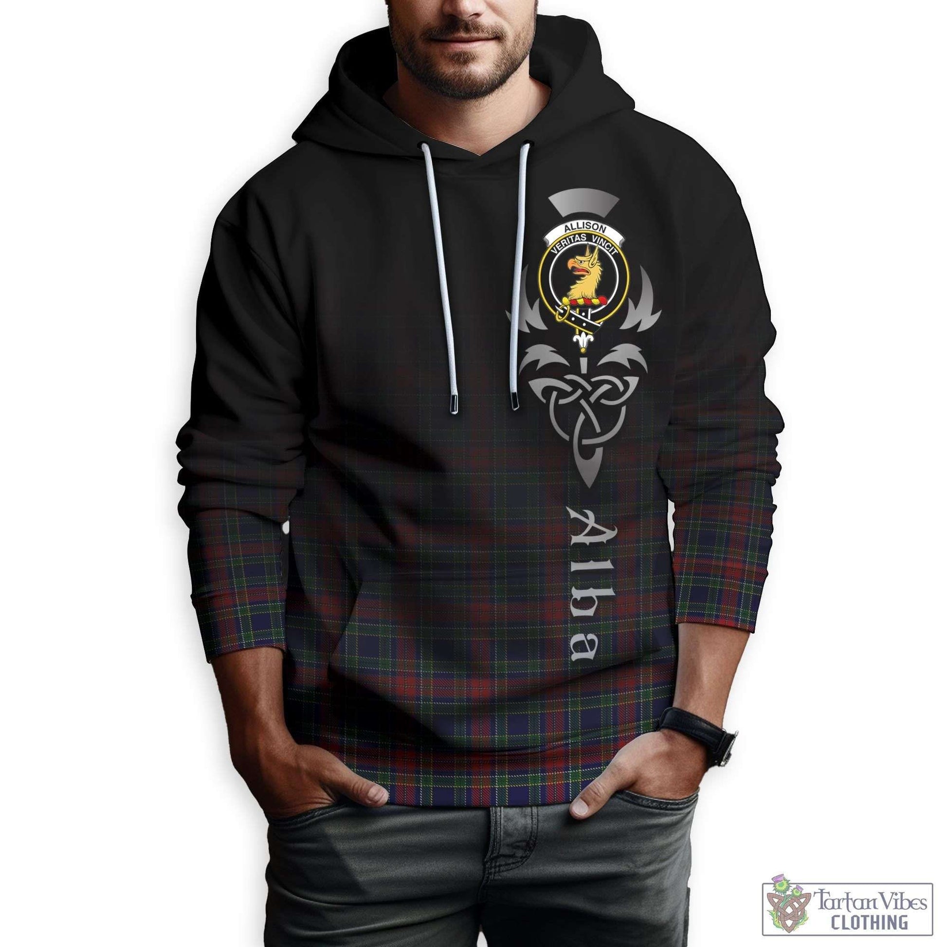 Tartan Vibes Clothing Allison Red Tartan Hoodie Featuring Alba Gu Brath Family Crest Celtic Inspired