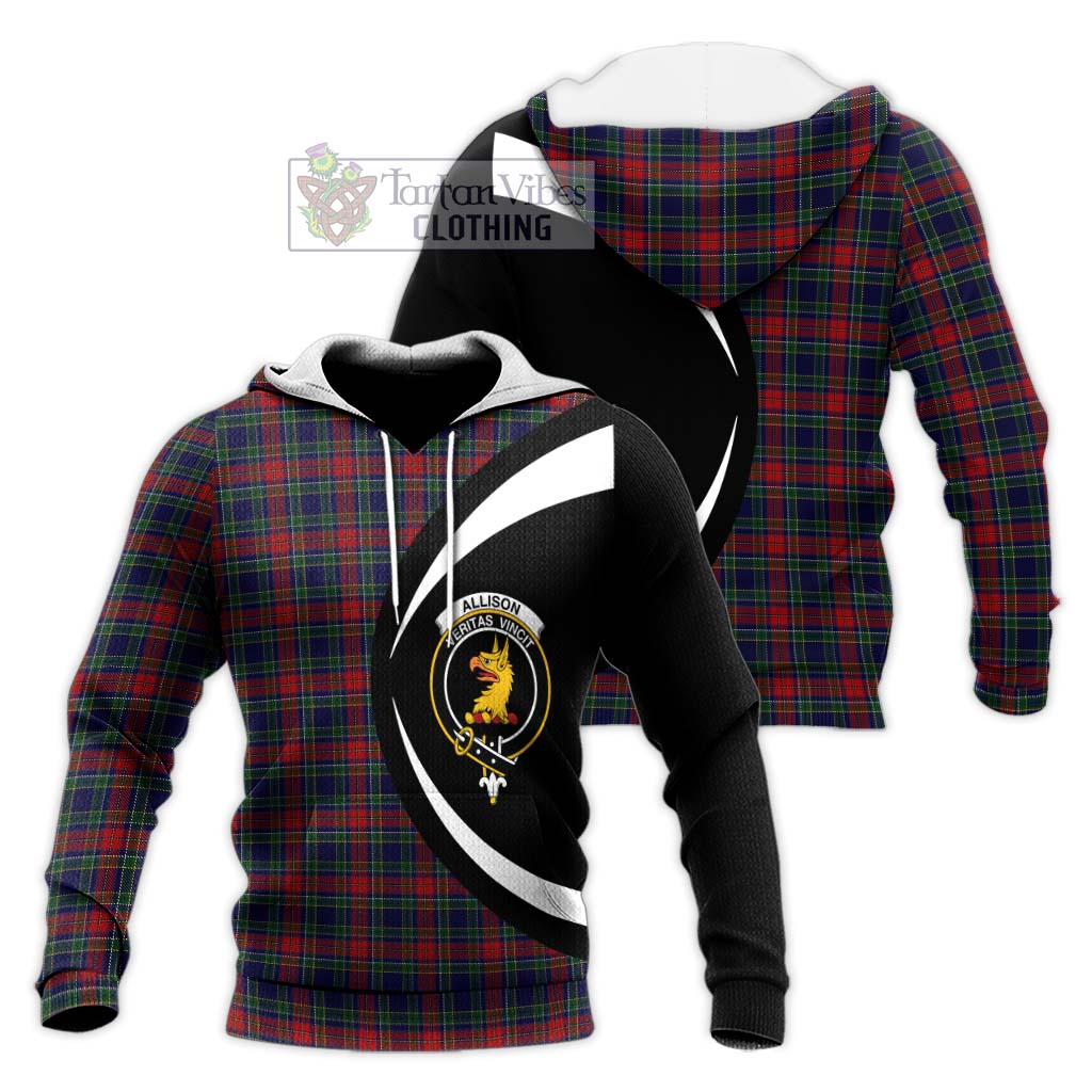 Allison Red Tartan Knitted Hoodie with Family Crest Circle Style Unisex Knitted Pullover Hoodie - Tartan Vibes Clothing