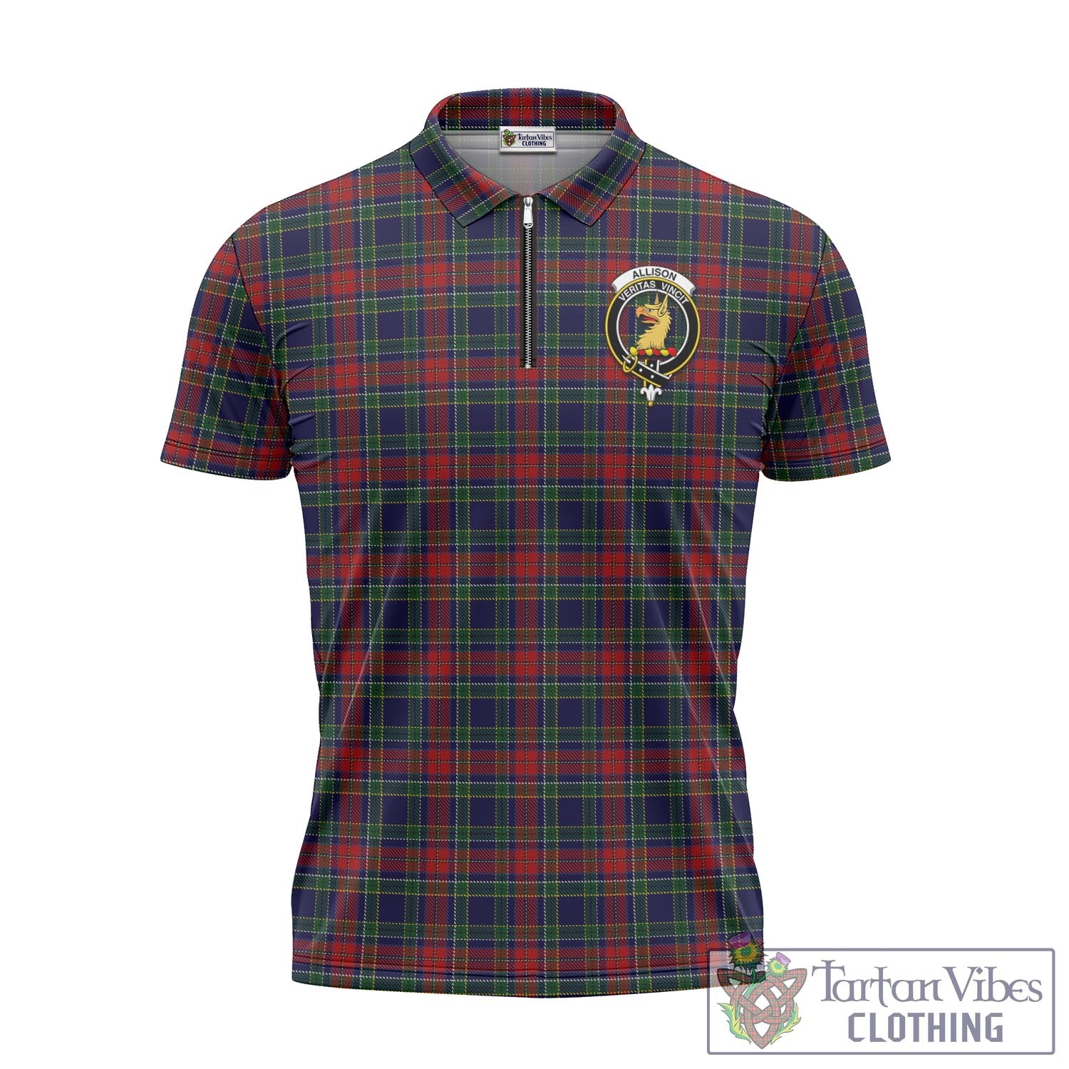 Tartan Vibes Clothing Allison Red Tartan Zipper Polo Shirt with Family Crest