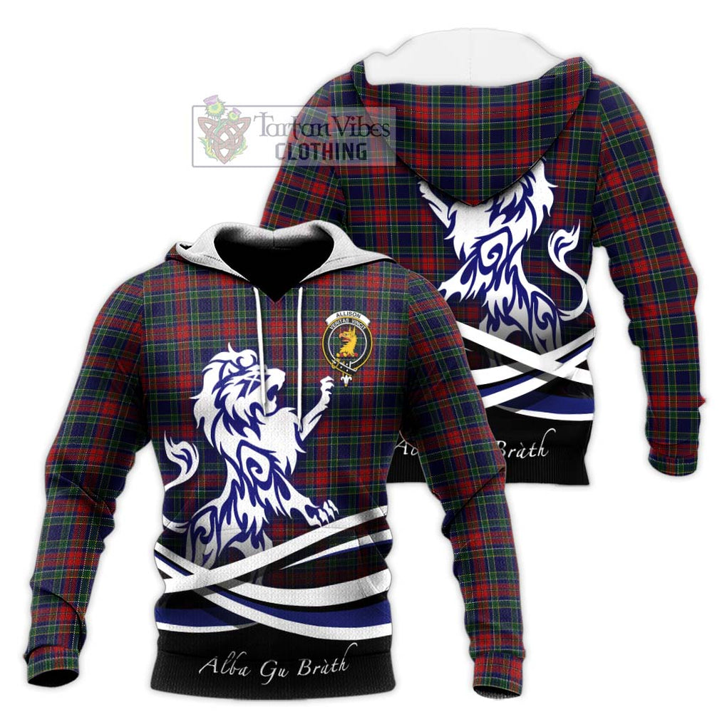 Allison Red Tartan Knitted Hoodie with Alba Gu Brath Regal Lion Emblem Unisex Knitted Pullover Hoodie - Tartanvibesclothing Shop