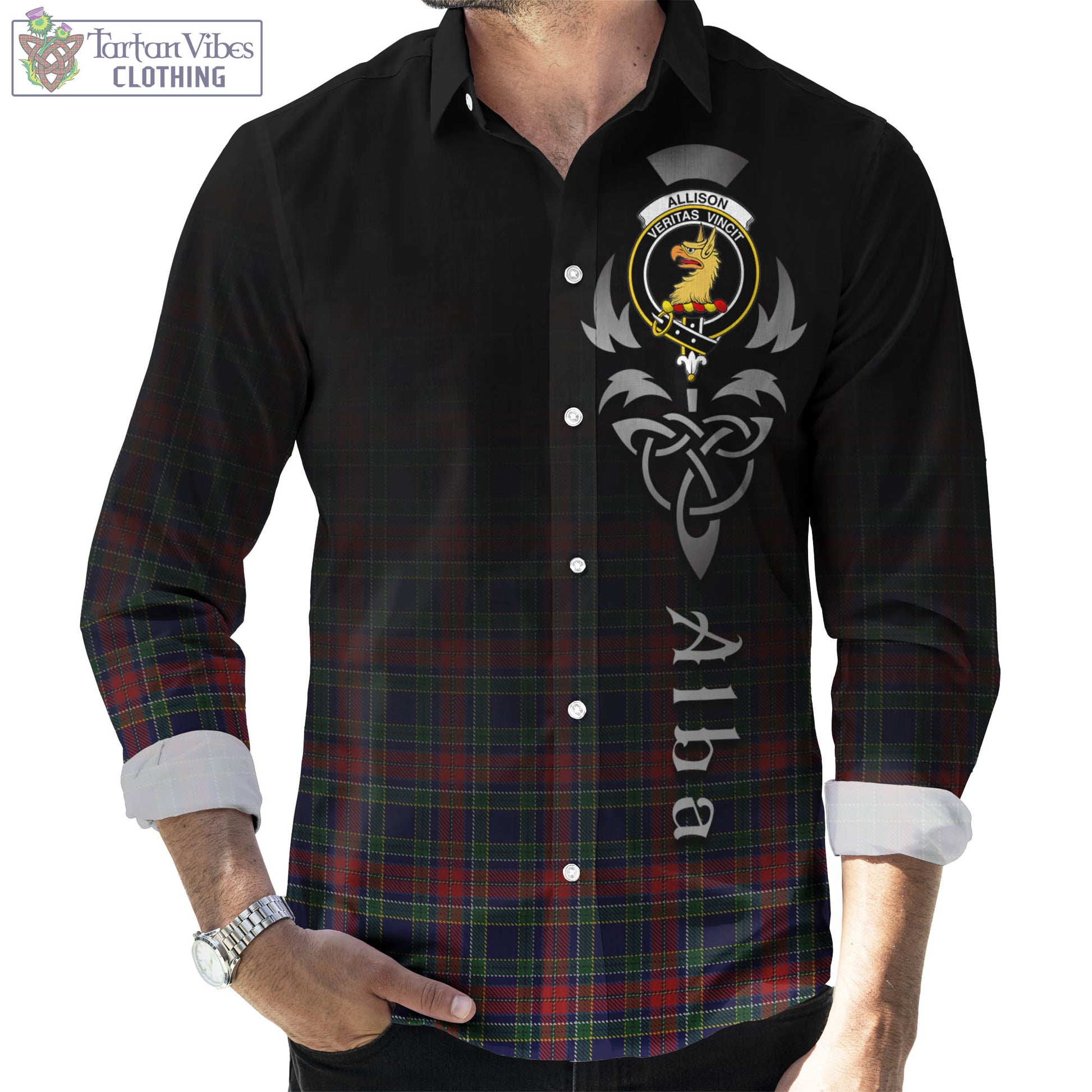 Tartan Vibes Clothing Allison Red Tartan Long Sleeve Button Up Featuring Alba Gu Brath Family Crest Celtic Inspired