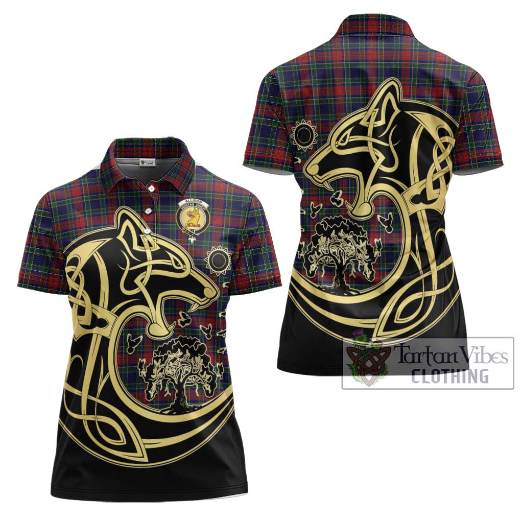 Allison Red Tartan Women's Polo Shirt with Family Crest Celtic Wolf Style Women - Tartanvibesclothing Shop