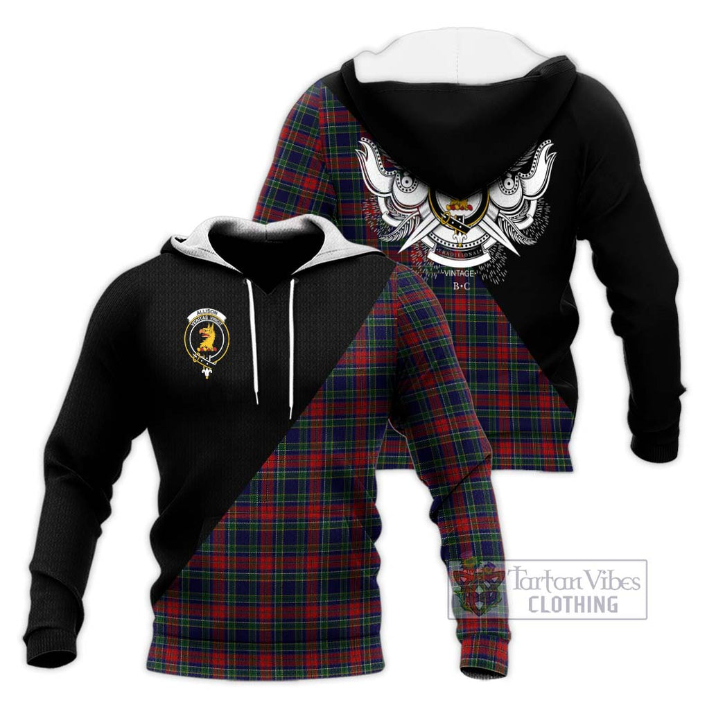 Allison Red Tartan Knitted Hoodie with Family Crest and Military Logo Style Unisex Knitted Pullover Hoodie - Tartanvibesclothing Shop