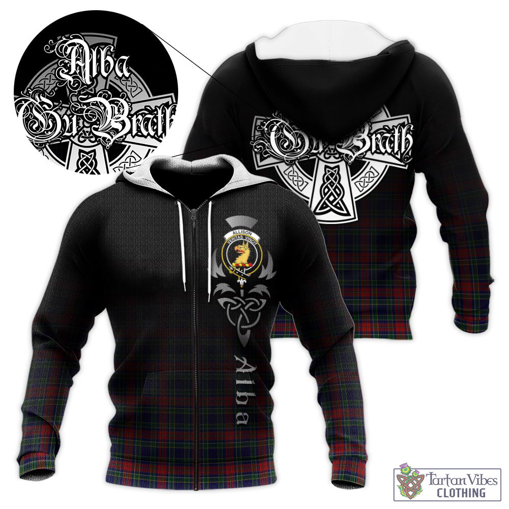 Tartan Vibes Clothing Allison Red Tartan Knitted Hoodie Featuring Alba Gu Brath Family Crest Celtic Inspired