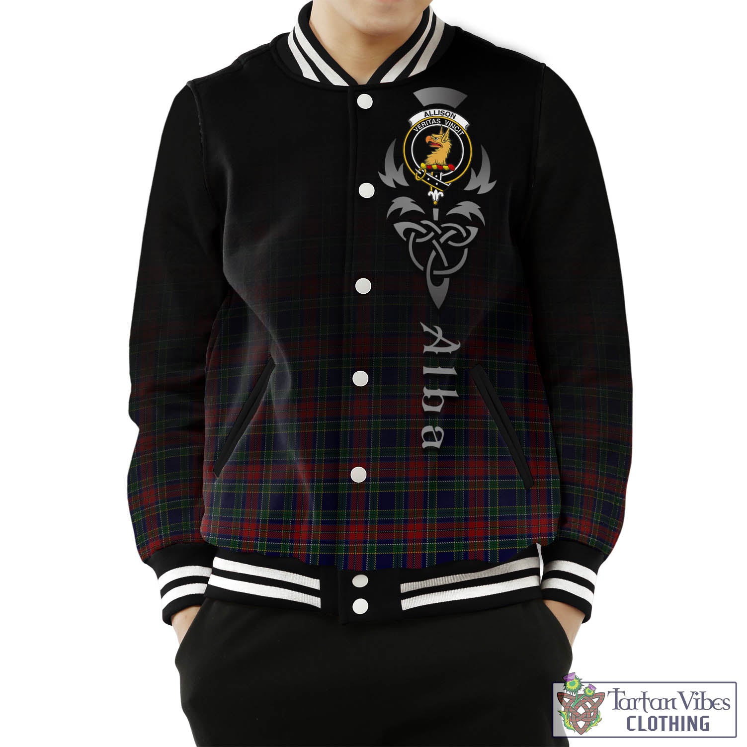 Tartan Vibes Clothing Allison Red Tartan Baseball Jacket Featuring Alba Gu Brath Family Crest Celtic Inspired