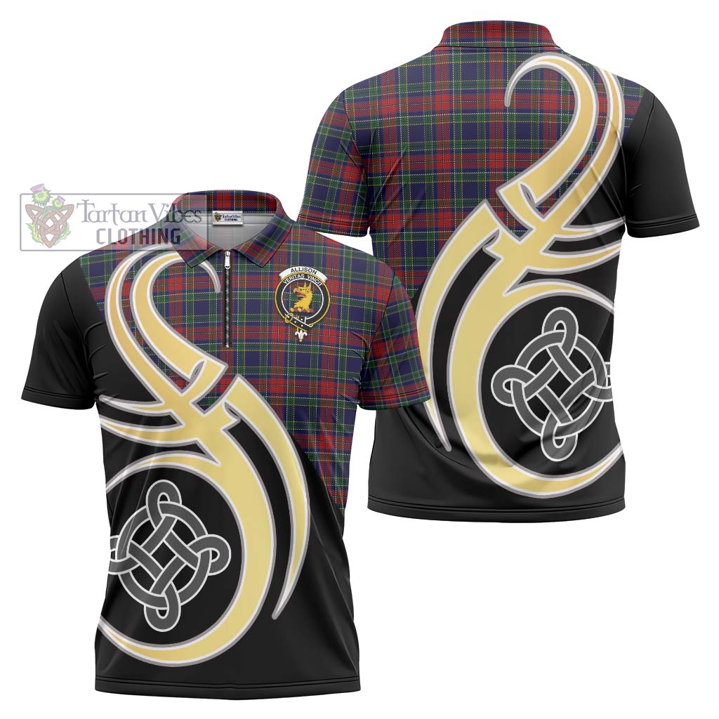 Tartan Vibes Clothing Allison Red Tartan Zipper Polo Shirt with Family Crest and Celtic Symbol Style