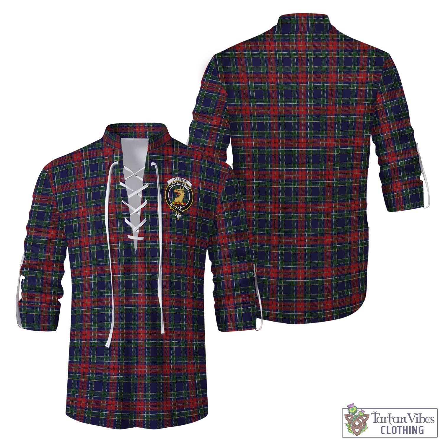 Tartan Vibes Clothing Allison Red Tartan Men's Scottish Traditional Jacobite Ghillie Kilt Shirt with Family Crest