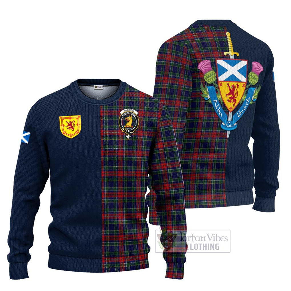 Tartan Vibes Clothing Allison Red Tartan Knitted Sweater with Scottish Lion Royal Arm Half Style