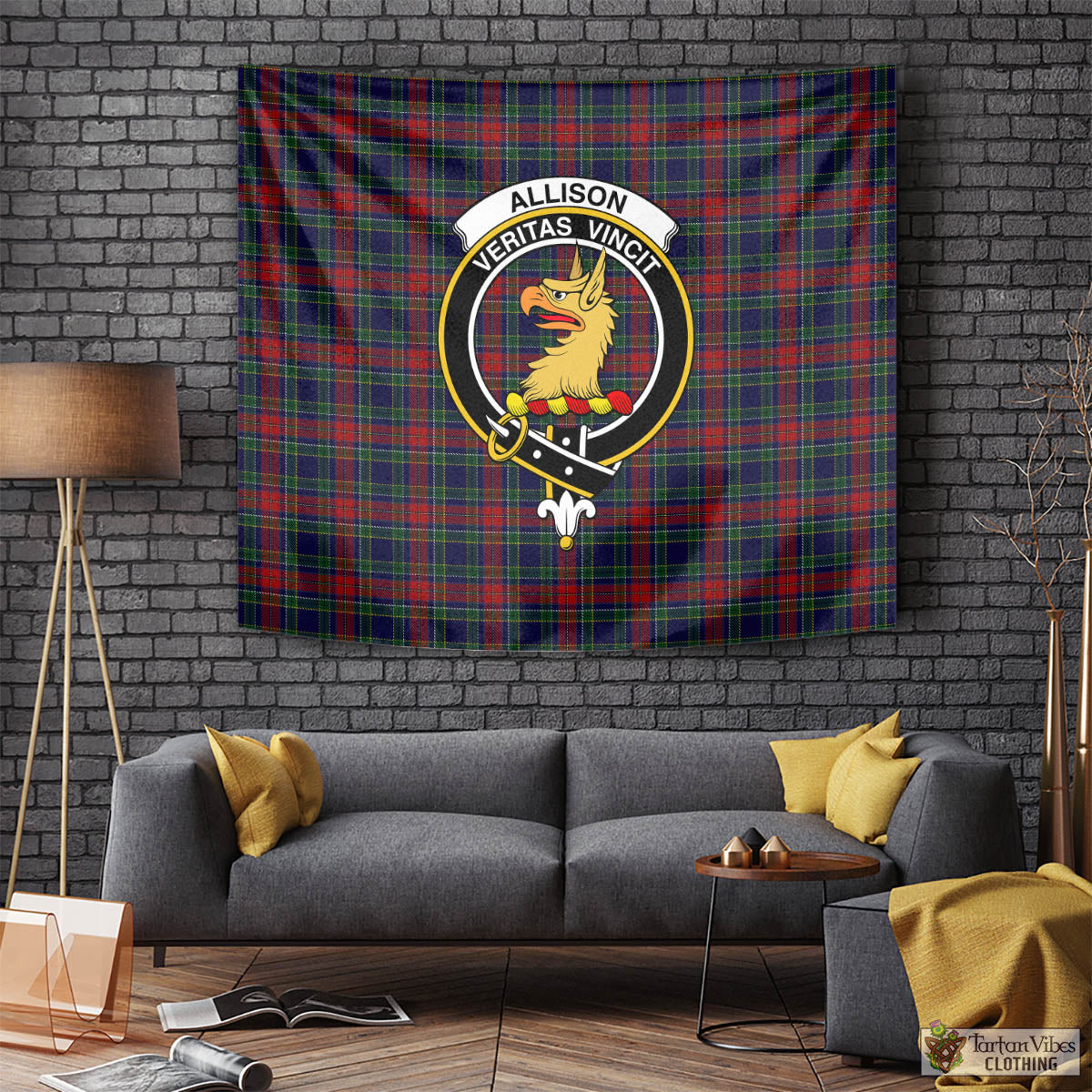 Tartan Vibes Clothing Allison Red Tartan Tapestry Wall Hanging and Home Decor for Room with Family Crest