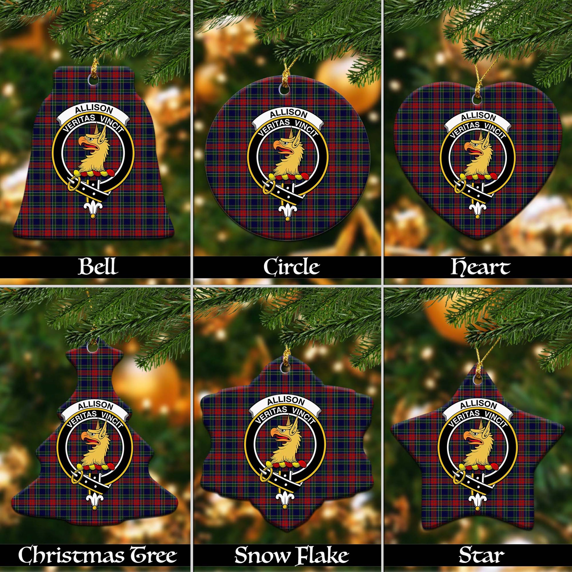 Allison Red Tartan Christmas Ornaments with Family Crest Ceramic Bell Pack 1: ornament * 1 piece - Tartanvibesclothing