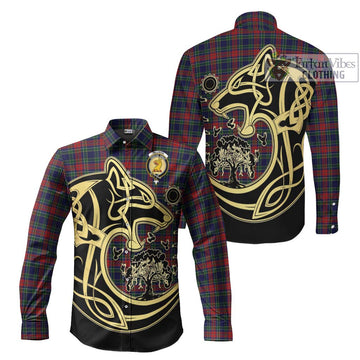 Allison Red Tartan Long Sleeve Button Shirt with Family Crest Celtic Wolf Style