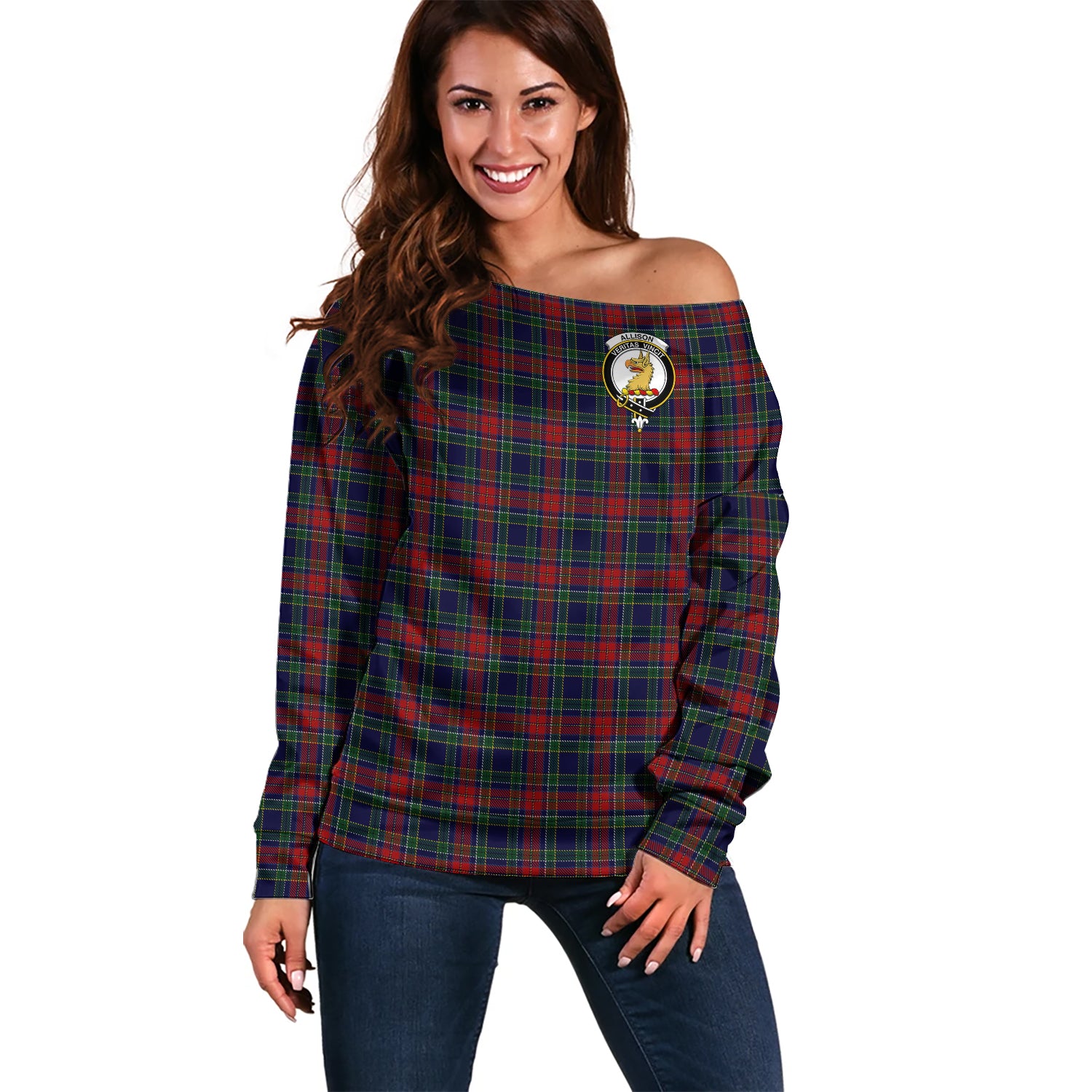 Allison Red Tartan Off Shoulder Women Sweater with Family Crest Women - Tartanvibesclothing