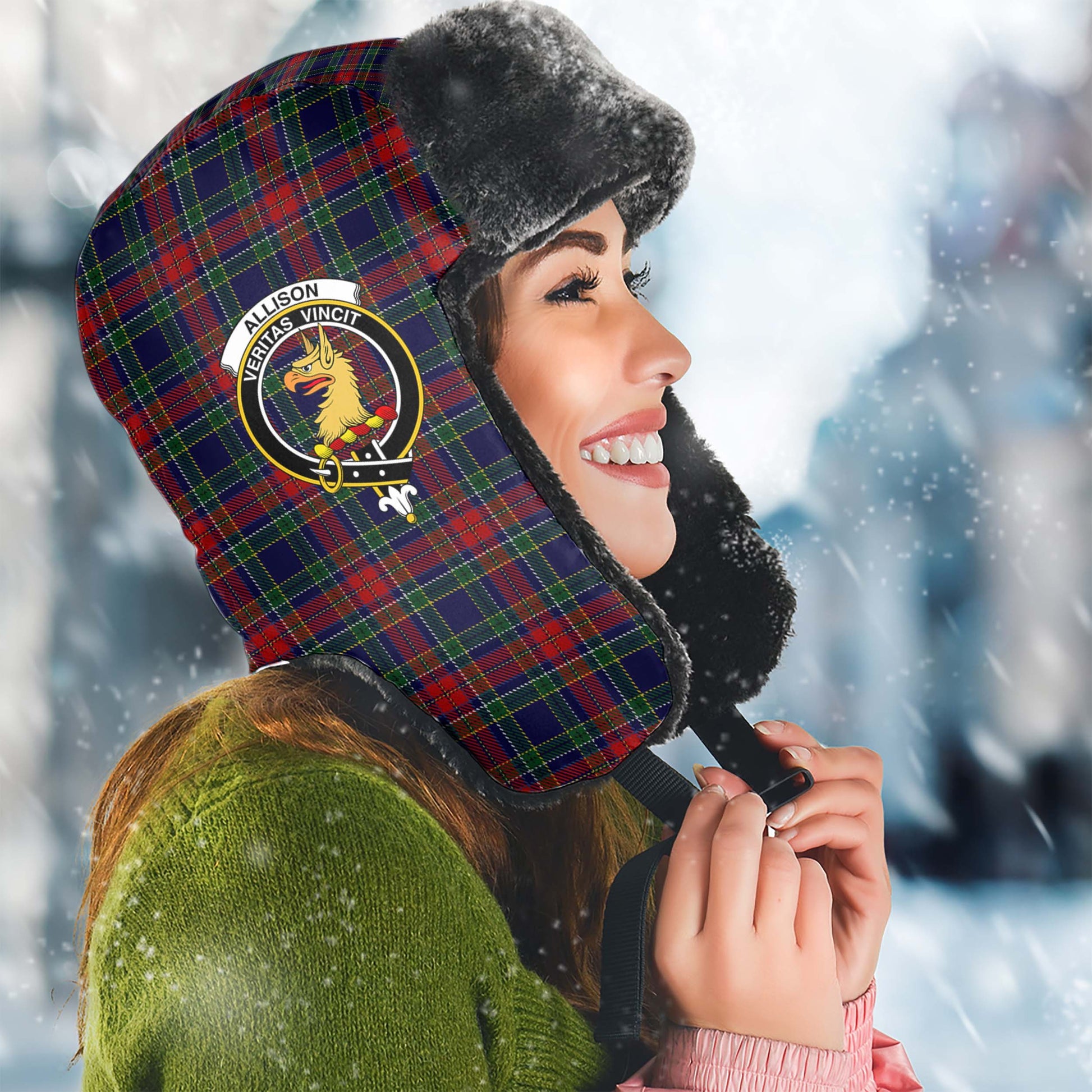 Allison Red Tartan Winter Trapper Hat with Family Crest Winter Trapper Hat Universal Fit Circumference 22.8in (58cm) - Tartanvibesclothing