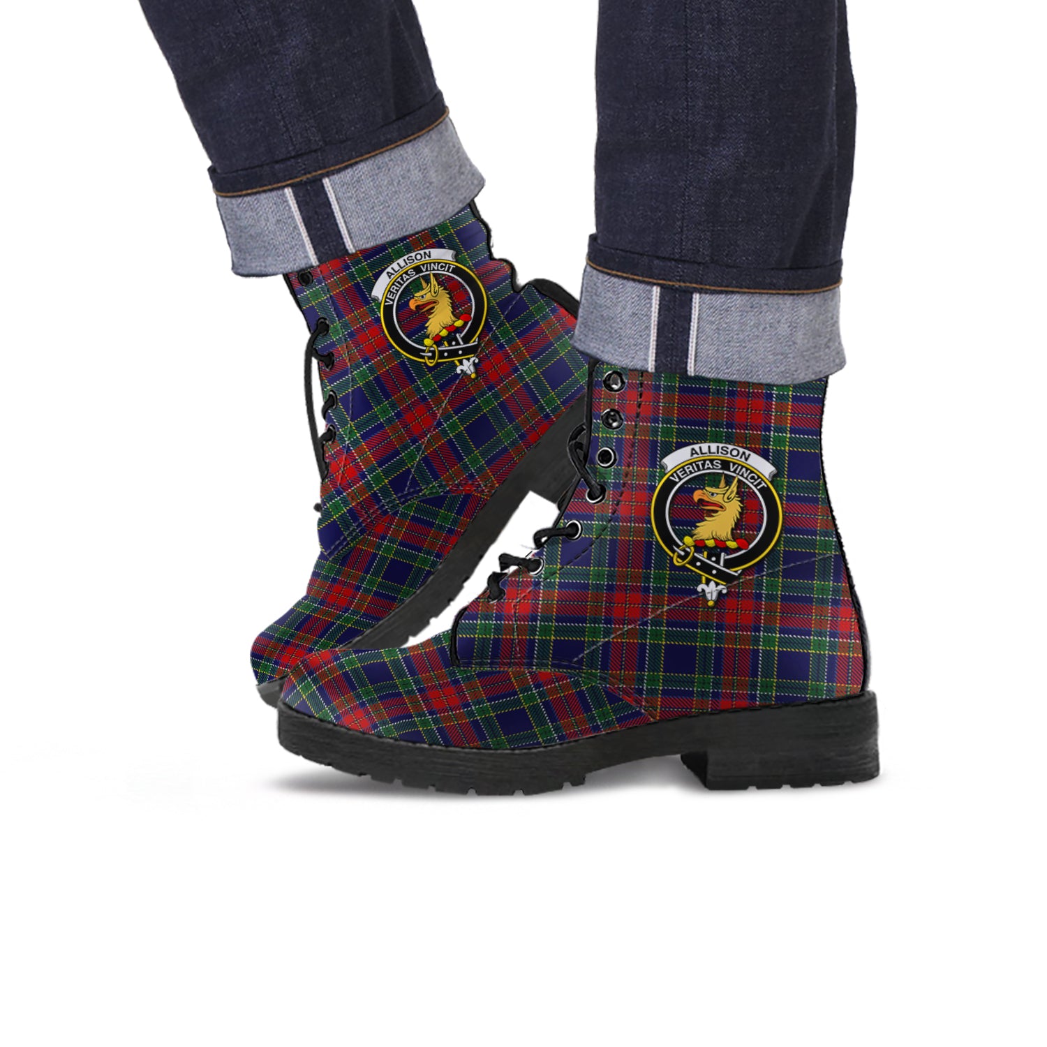 Allison Red Tartan Leather Boots with Family Crest - Tartanvibesclothing