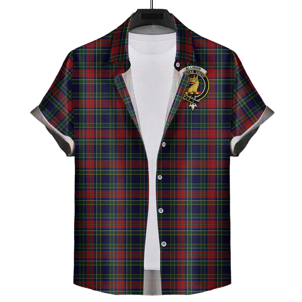 Allison Red Tartan Short Sleeve Button Down Shirt with Family Crest - Tartanvibesclothing