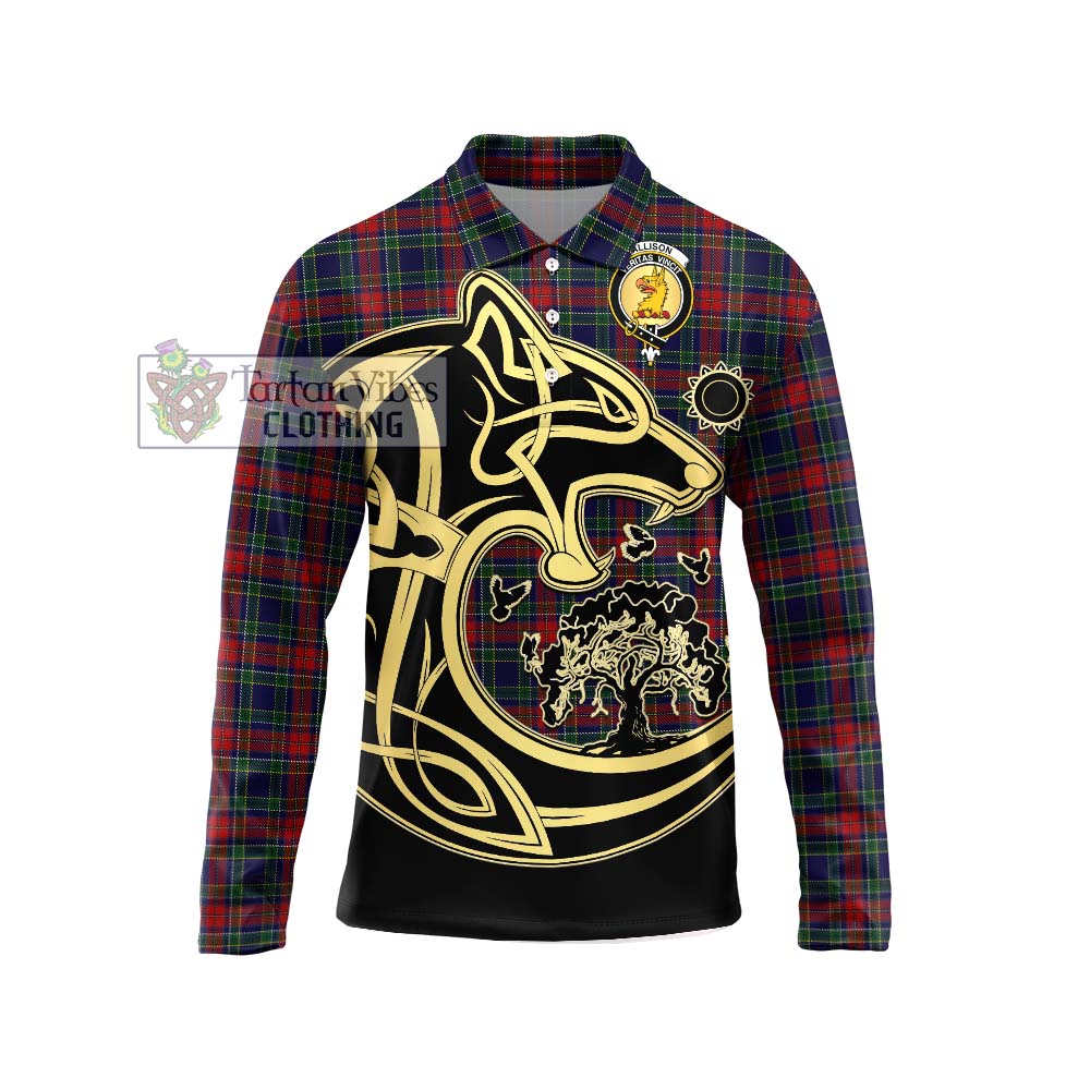 Allison Red Tartan Long Sleeve Polo Shirt with Family Crest Celtic Wolf Style Unisex - Tartanvibesclothing Shop