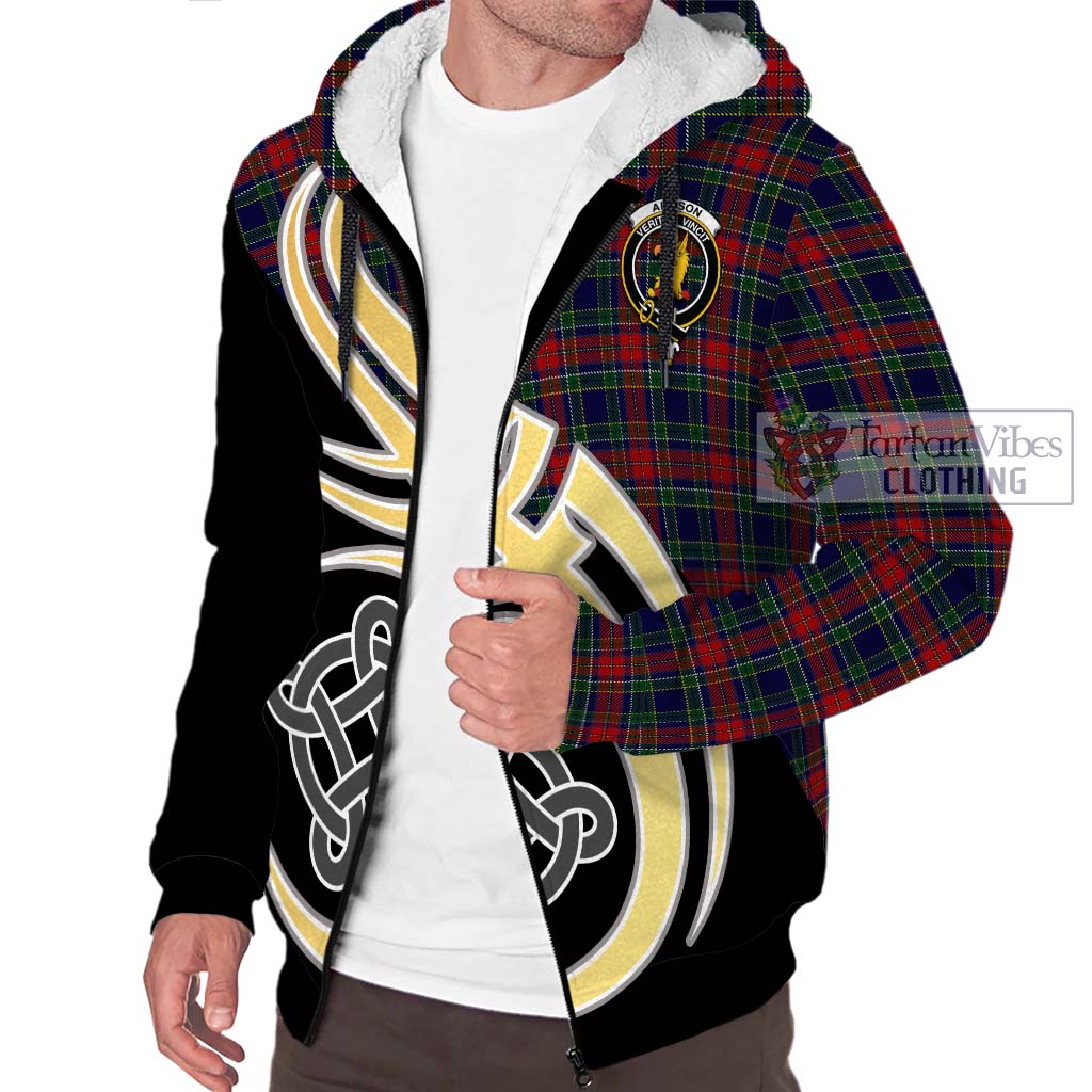 Allison Red Tartan Sherpa Hoodie with Family Crest and Celtic Symbol Style - Tartan Vibes Clothing