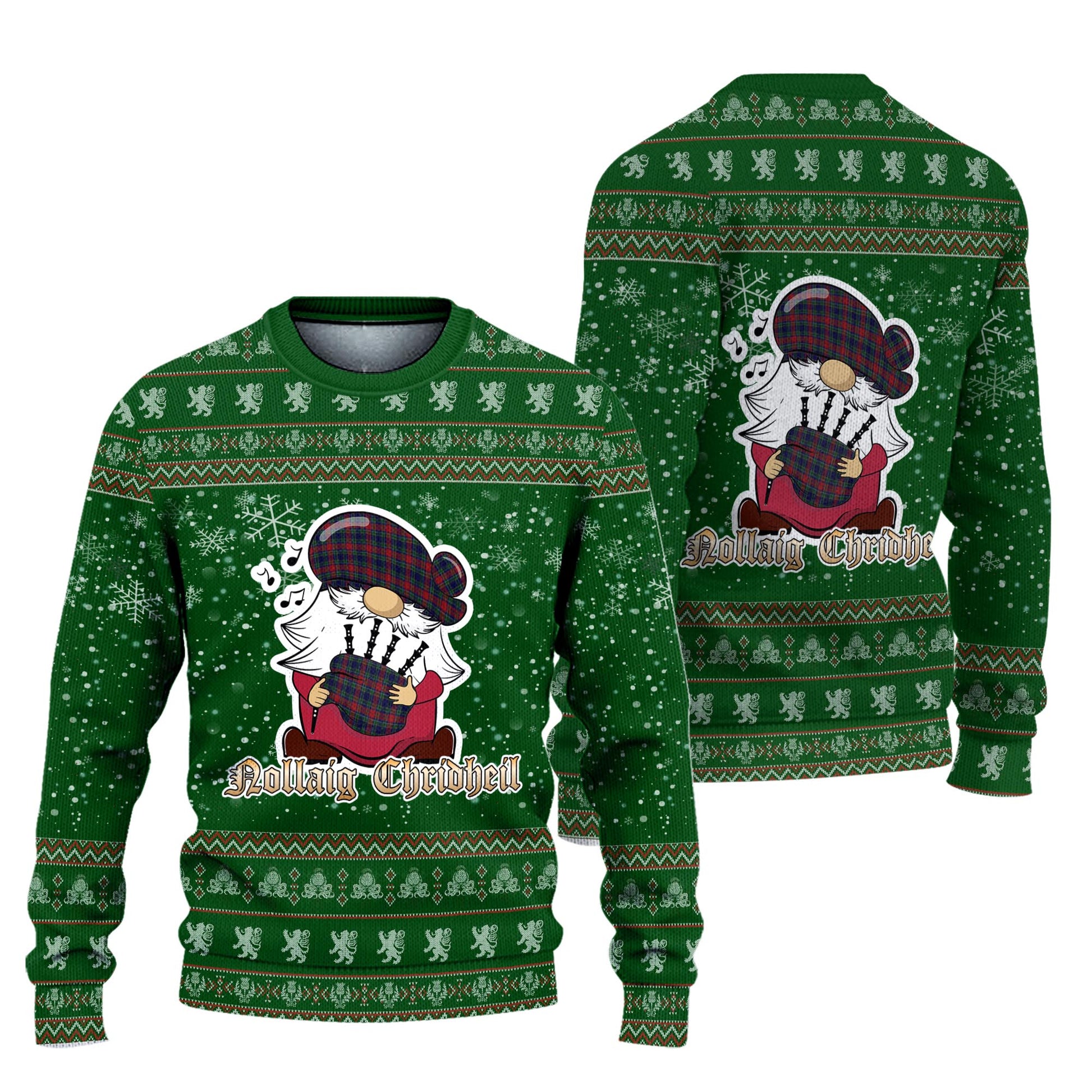 Allison Red Clan Christmas Family Knitted Sweater with Funny Gnome Playing Bagpipes Unisex Green - Tartanvibesclothing