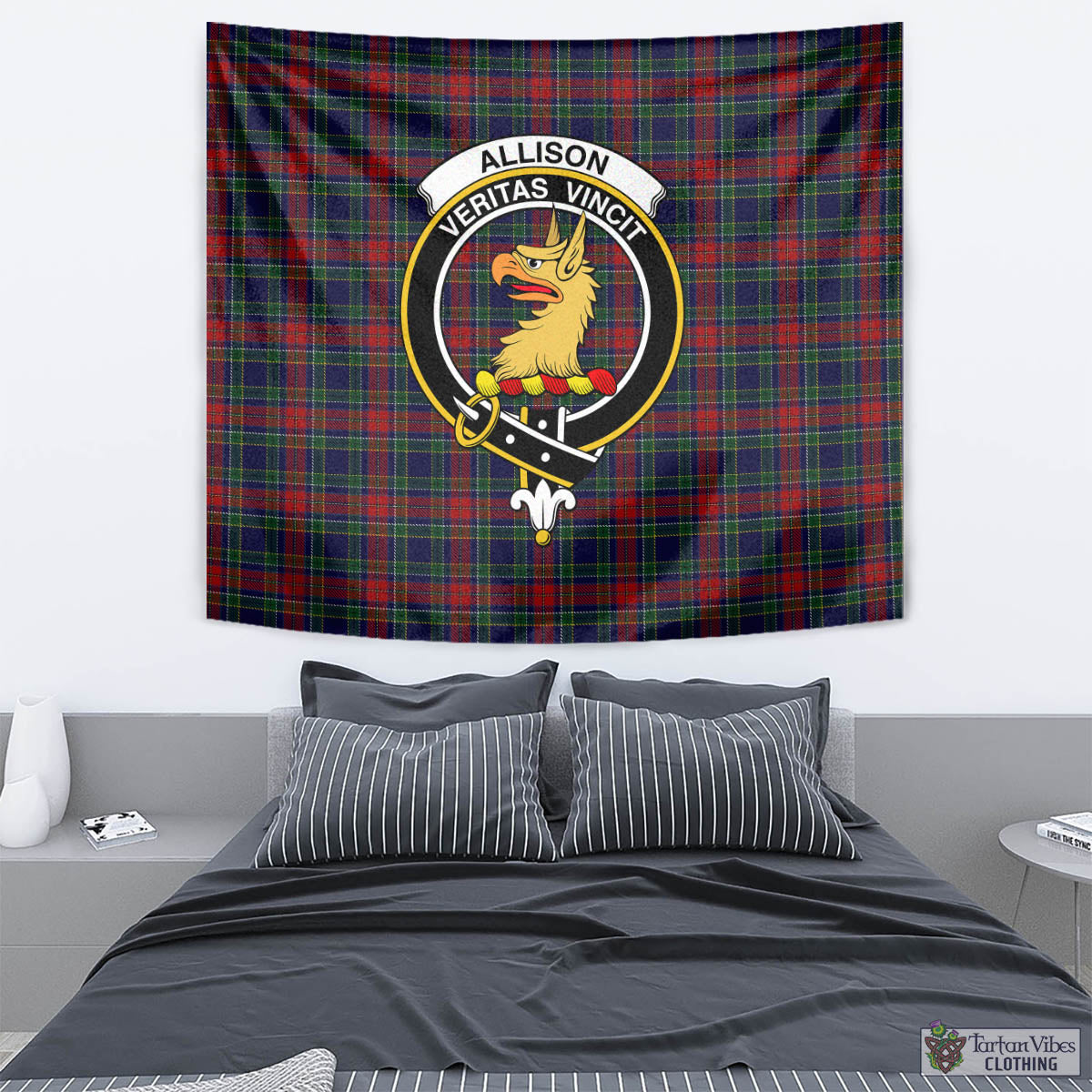 Tartan Vibes Clothing Allison Red Tartan Tapestry Wall Hanging and Home Decor for Room with Family Crest