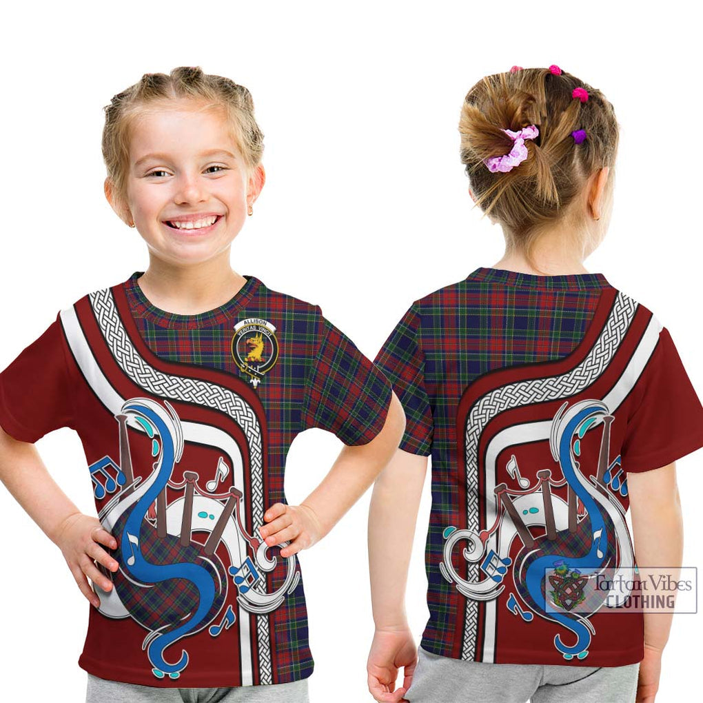 Tartan Vibes Clothing Allison Red Tartan Kid T-Shirt with Epic Bagpipe Style