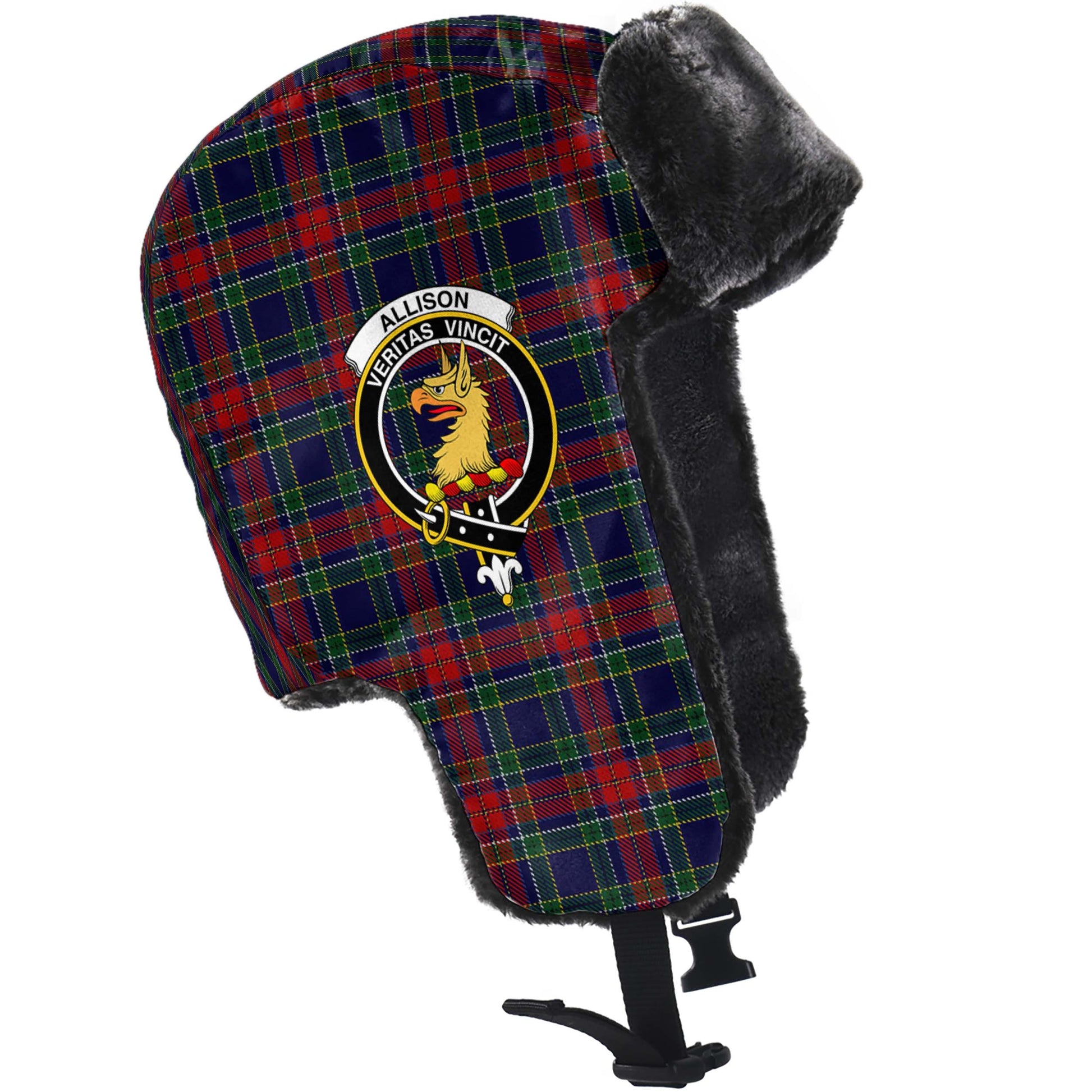 Allison Red Tartan Winter Trapper Hat with Family Crest - Tartanvibesclothing