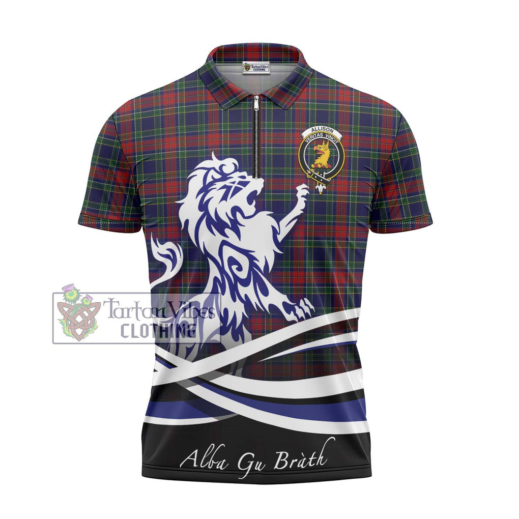 Allison Red Tartan Zipper Polo Shirt with Alba Gu Brath Regal Lion Emblem - Tartanvibesclothing Shop