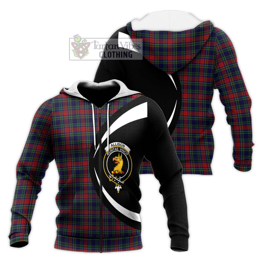 Allison Red Tartan Knitted Hoodie with Family Crest Circle Style Unisex Knitted Zip Hoodie - Tartan Vibes Clothing