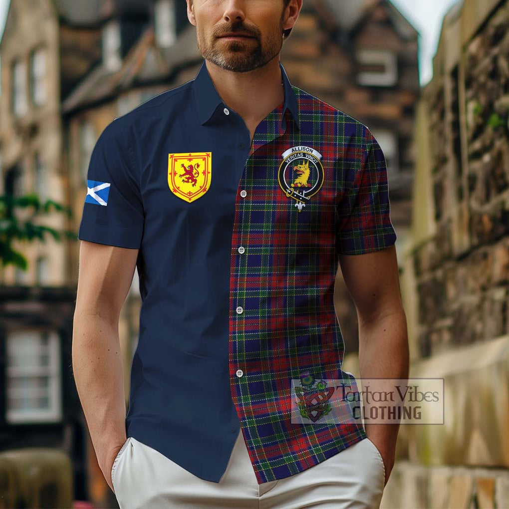 Tartan Vibes Clothing Allison Red Tartan Short Sleeve Button Shirt with Scottish Lion Royal Arm Half Style