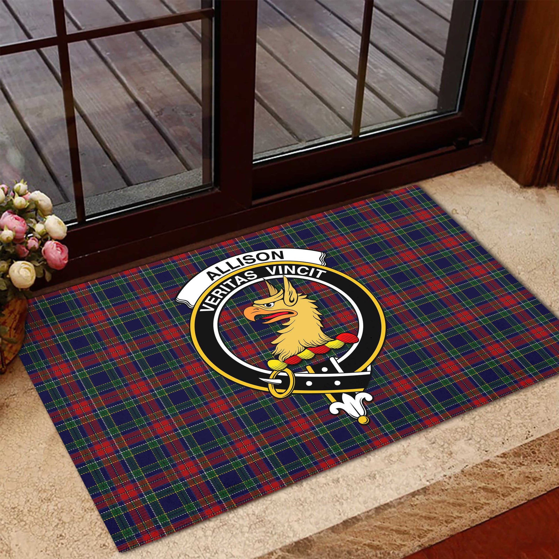 Allison Red Tartan Door Mat with Family Crest - Tartanvibesclothing