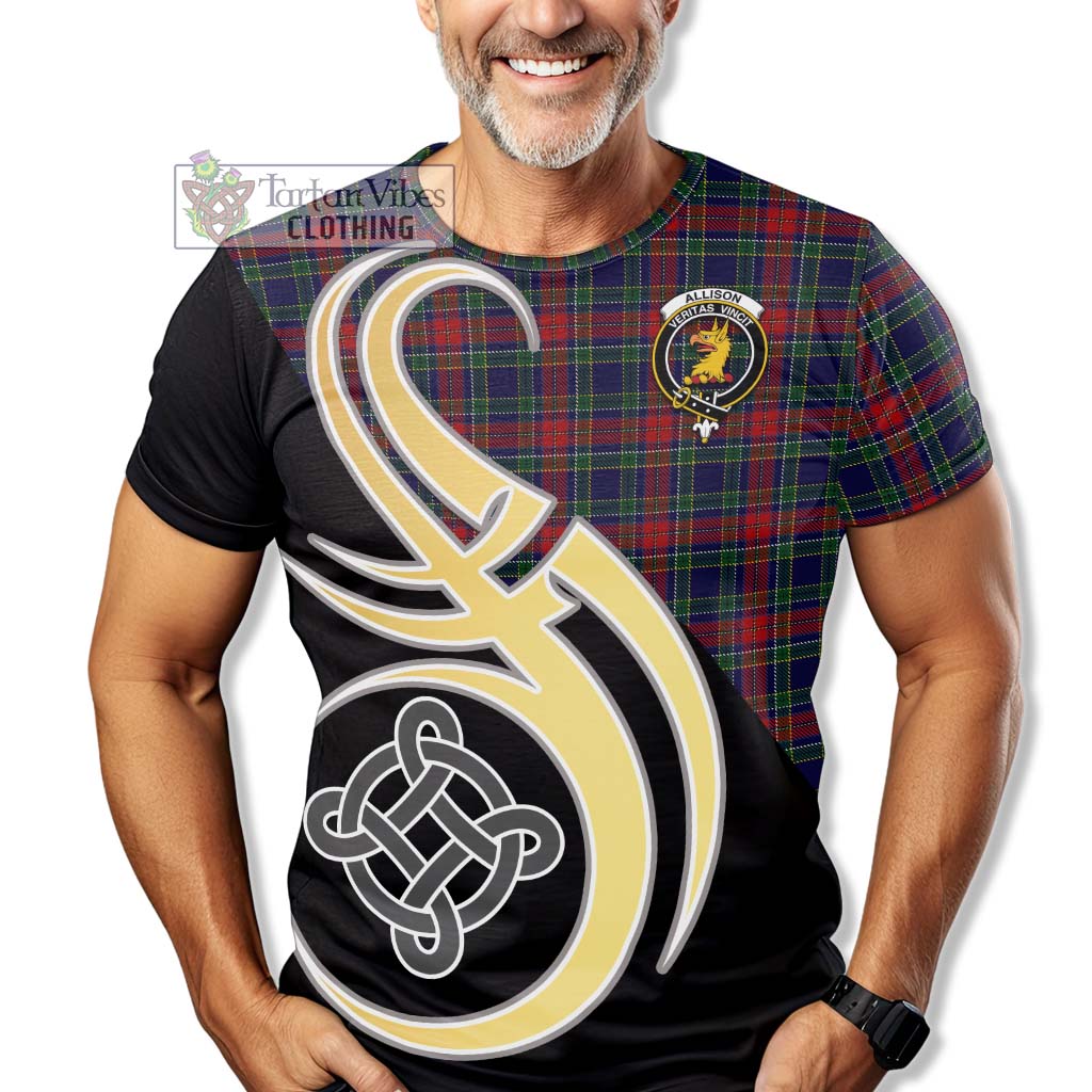 Tartan Vibes Clothing Allison Red Tartan T-Shirt with Family Crest and Celtic Symbol Style