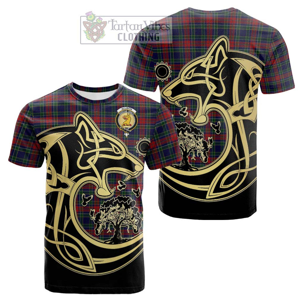 Tartan Vibes Clothing Allison Red Tartan Cotton T-shirt with Family Crest Celtic Wolf Style