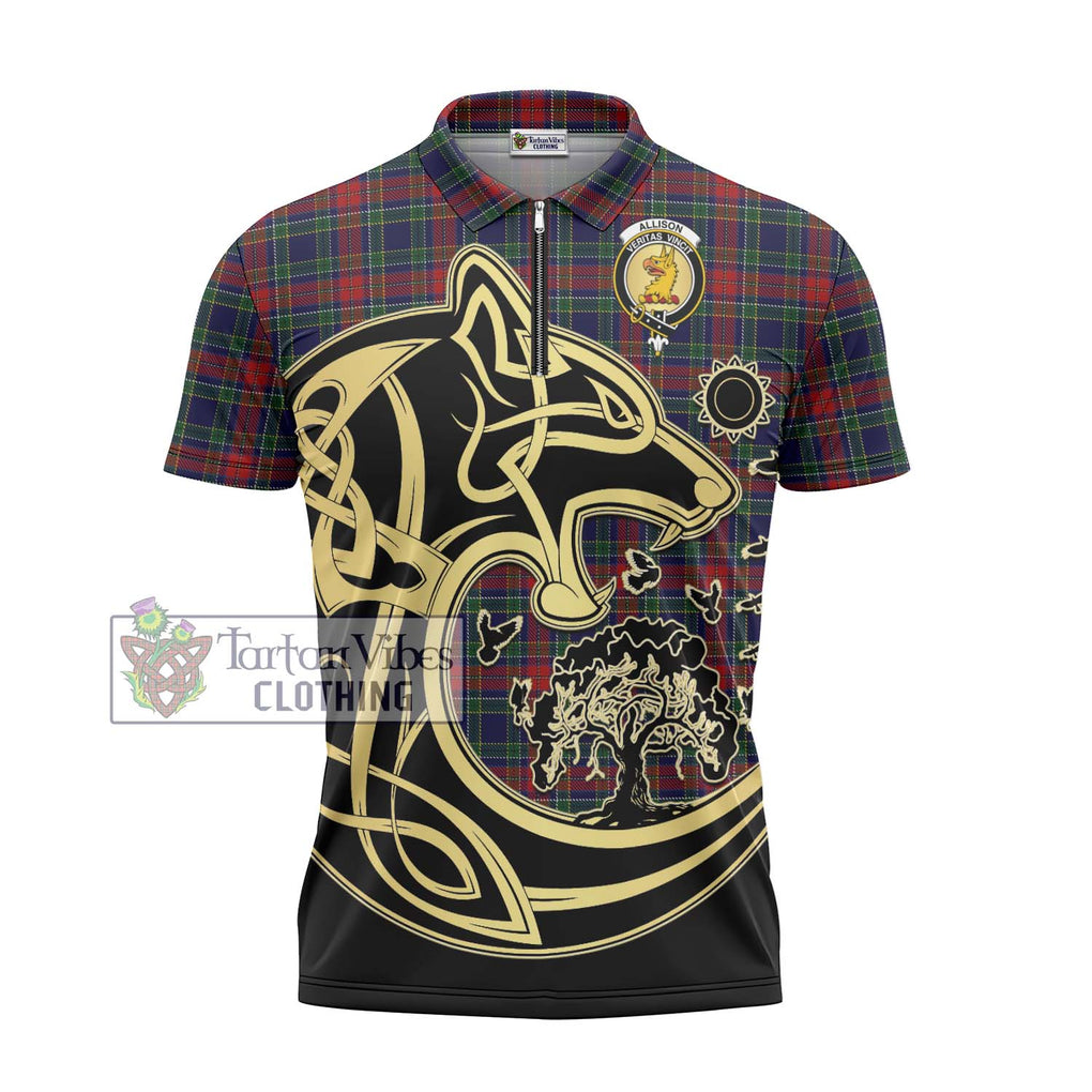 Allison Red Tartan Zipper Polo Shirt with Family Crest Celtic Wolf Style - Tartanvibesclothing Shop