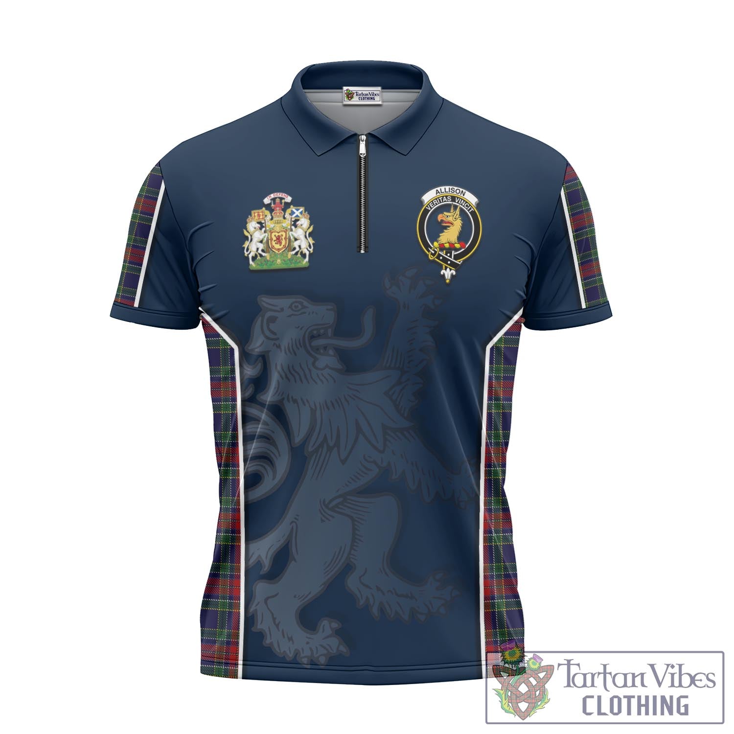 Tartan Vibes Clothing Allison Red Tartan Zipper Polo Shirt with Family Crest and Lion Rampant Vibes Sport Style