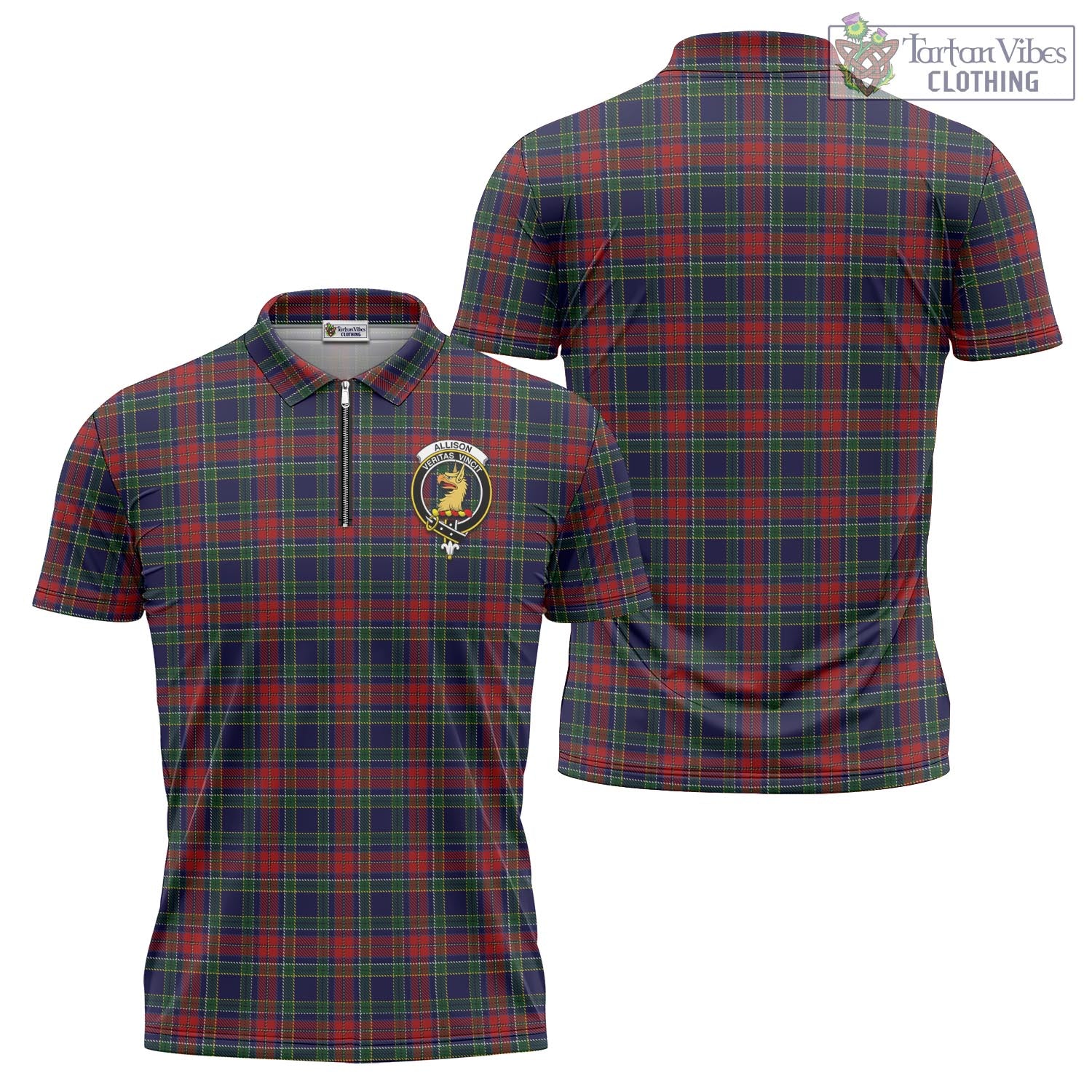 Tartan Vibes Clothing Allison Red Tartan Zipper Polo Shirt with Family Crest