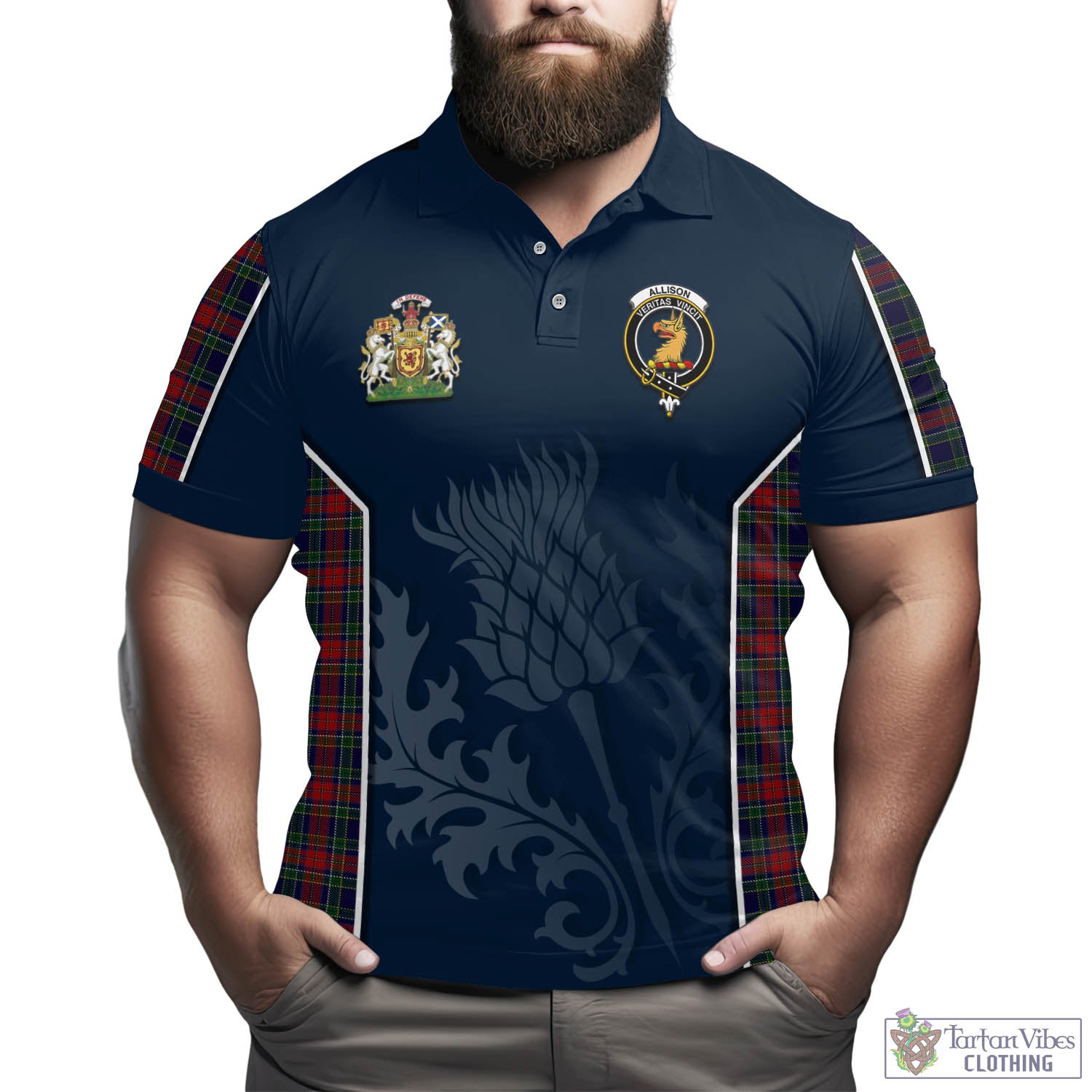 Tartan Vibes Clothing Allison Red Tartan Men's Polo Shirt with Family Crest and Scottish Thistle Vibes Sport Style