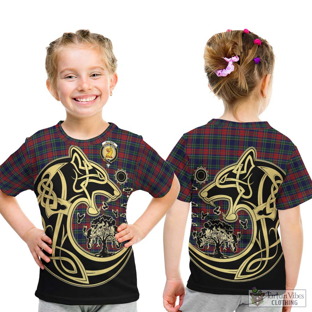 Allison Red Tartan Kid T-Shirt with Family Crest Celtic Wolf Style - Tartan Vibes Clothing