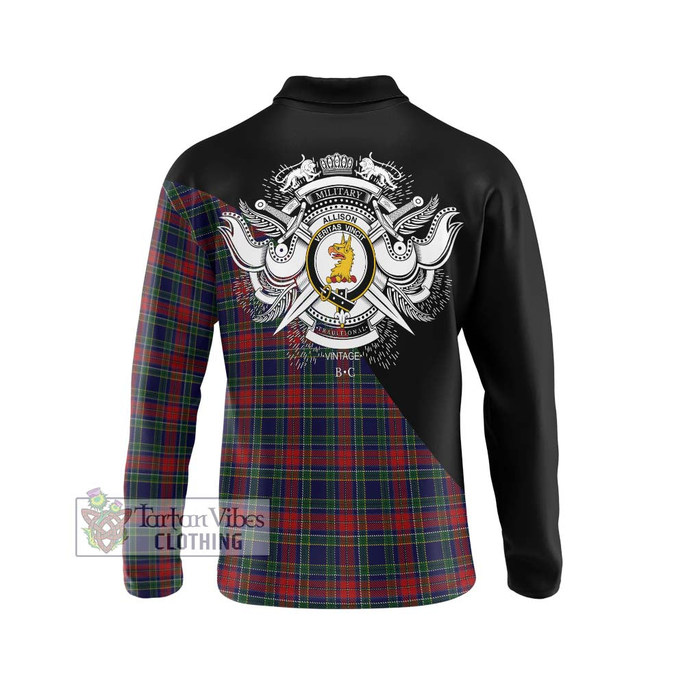 Allison Red Tartan Long Sleeve Polo Shirt with Family Crest and Military Logo Style - Tartanvibesclothing Shop