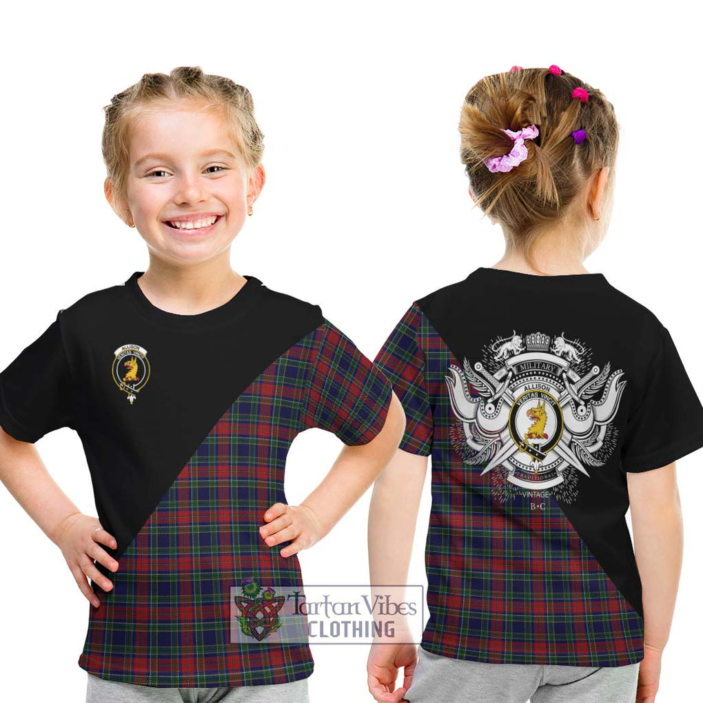 Allison Red Tartan Kid T-Shirt with Family Crest and Military Logo Style - Tartanvibesclothing Shop