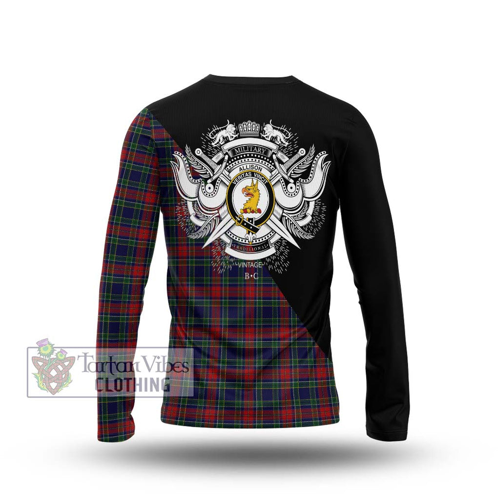 Allison Red Tartan Long Sleeve T-Shirt with Family Crest and Military Logo Style - Tartanvibesclothing Shop