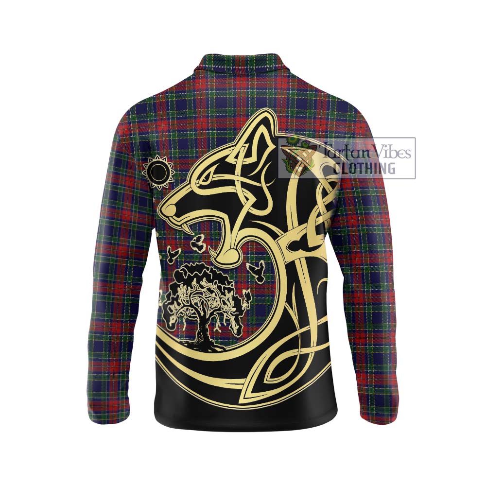 Allison Red Tartan Long Sleeve Polo Shirt with Family Crest Celtic Wolf Style - Tartanvibesclothing Shop