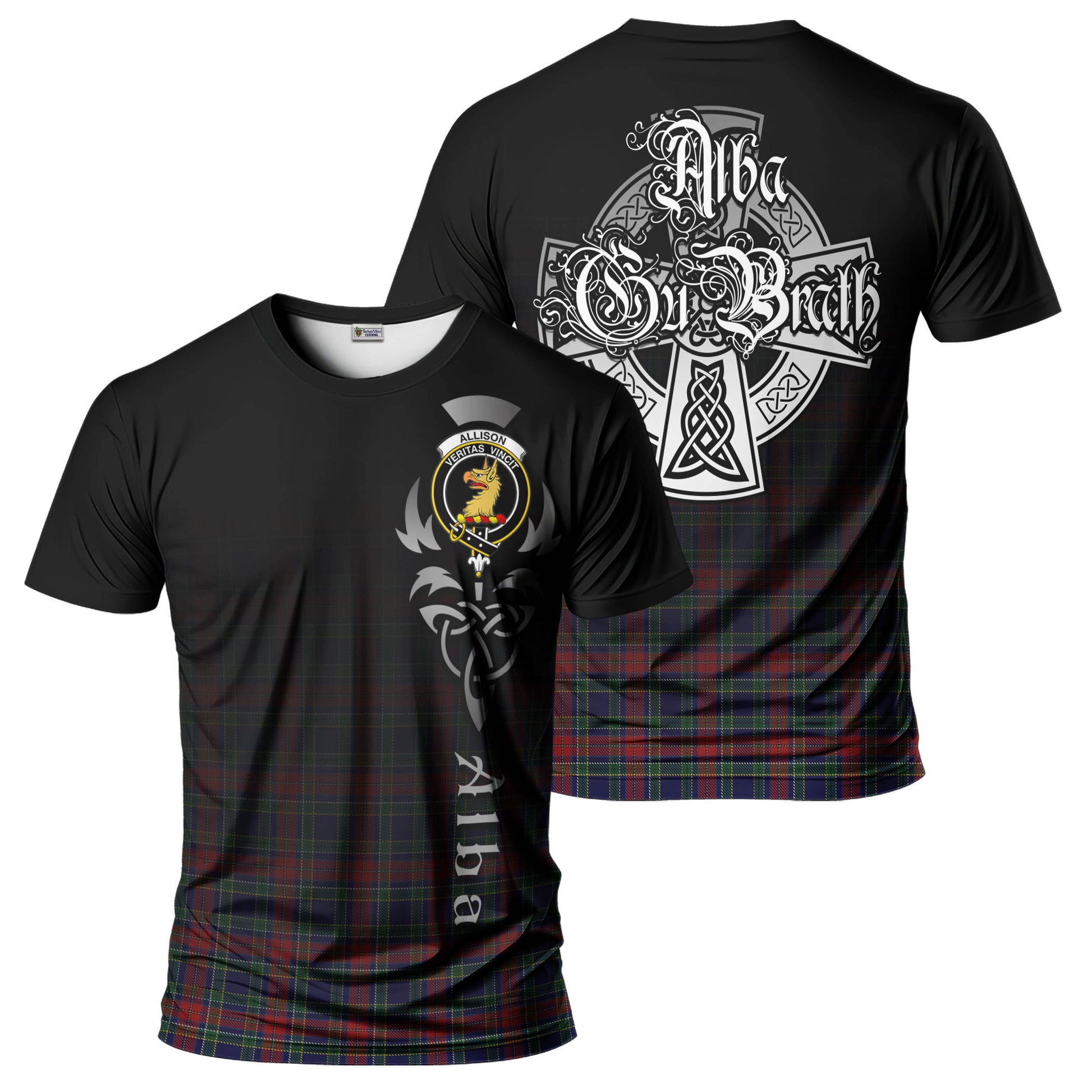 Tartan Vibes Clothing Allison Red Tartan T-Shirt Featuring Alba Gu Brath Family Crest Celtic Inspired