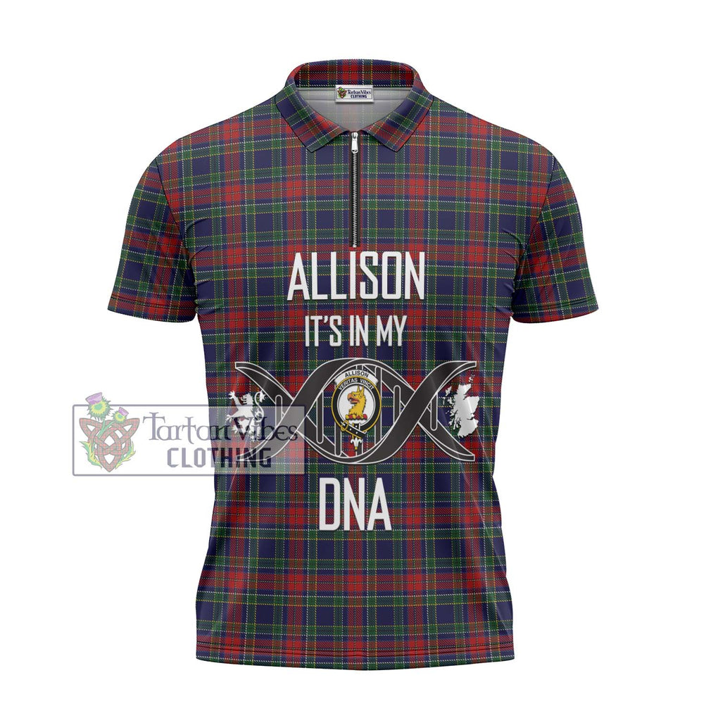 Allison Red Tartan Zipper Polo Shirt with Family Crest DNA In Me Style - Tartanvibesclothing Shop