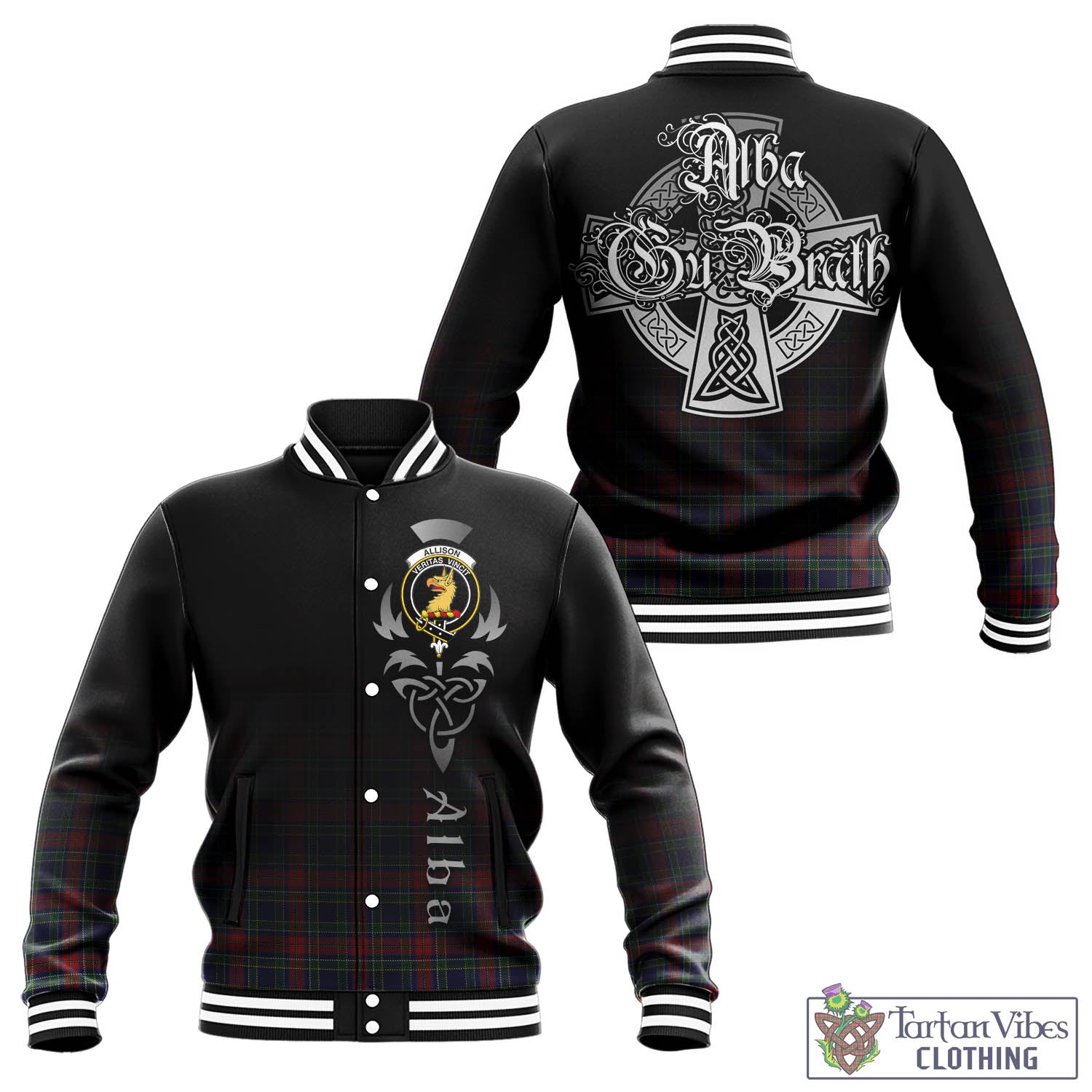 Tartan Vibes Clothing Allison Red Tartan Baseball Jacket Featuring Alba Gu Brath Family Crest Celtic Inspired