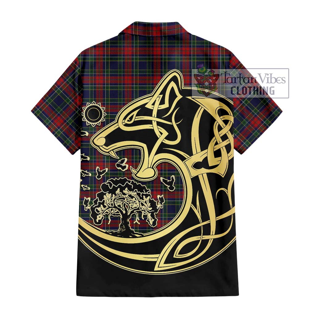 Tartan Vibes Clothing Allison Red Tartan Short Sleeve Button Shirt with Family Crest Celtic Wolf Style