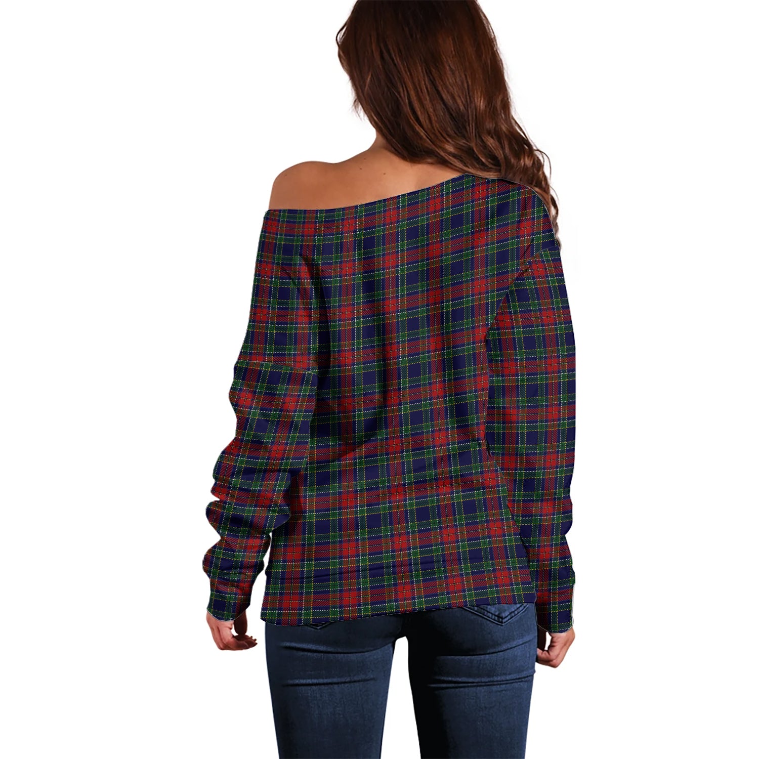 Allison Red Tartan Off Shoulder Women Sweater with Family Crest - Tartanvibesclothing