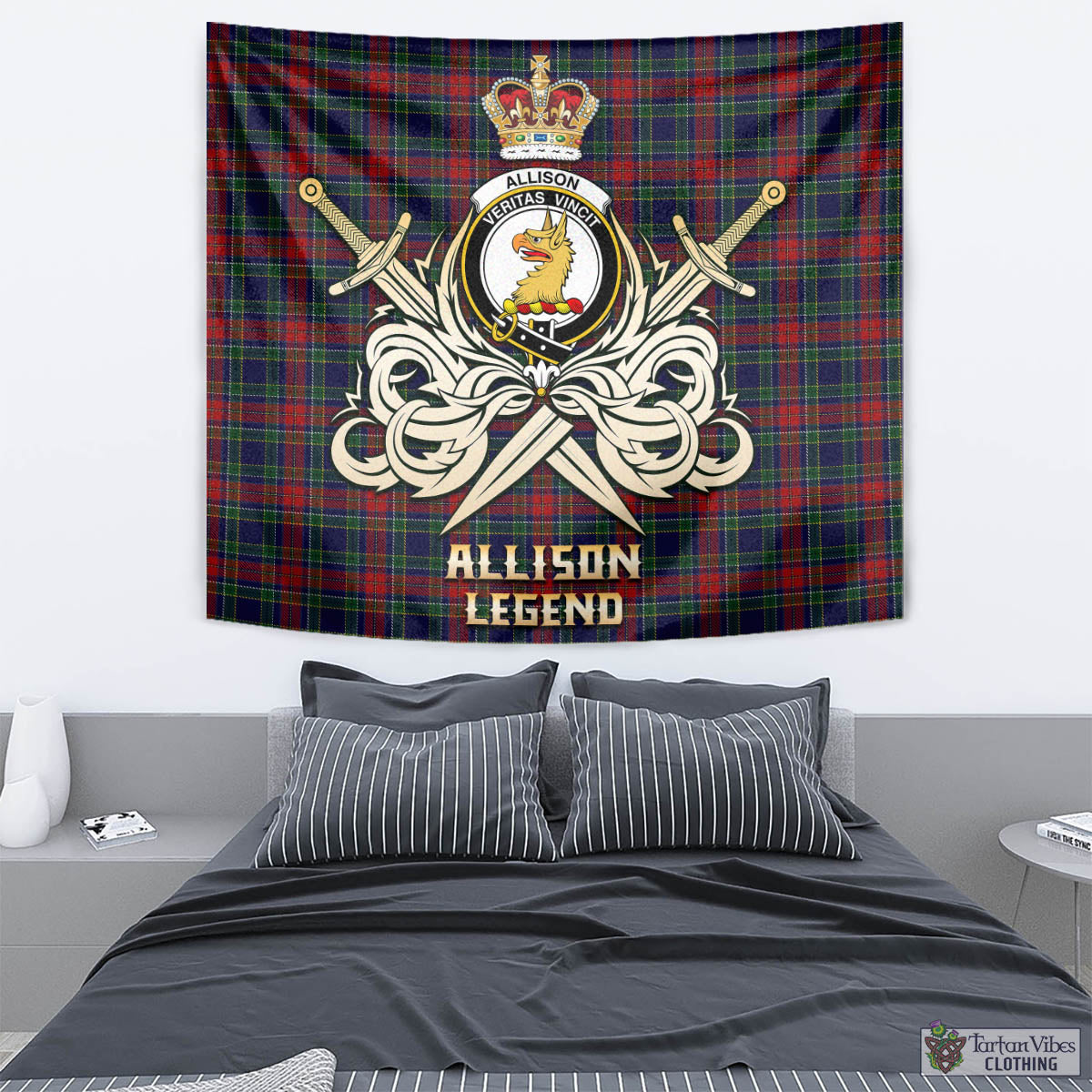 Tartan Vibes Clothing Allison Red Tartan Tapestry with Clan Crest and the Golden Sword of Courageous Legacy