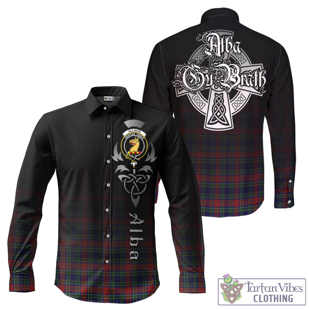 Tartan Vibes Clothing Allison Red Tartan Long Sleeve Button Up Featuring Alba Gu Brath Family Crest Celtic Inspired